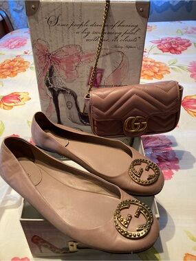 Gucci Pink Leather Ballet Flats with Pink Quilted Mini Chain Bag